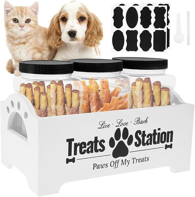Dog Treat Container Set, Wood Pet Food Storage Container with 3 Airtight Plastic Jars, Stickers, Pen and Scoop, Farmhouse Decorative Dog Snack Organizer for Dogs Cats Small Animal (White)