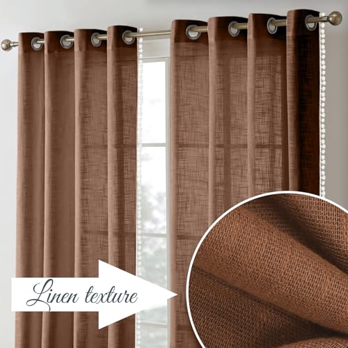 Image of THE LINEN COMPANY Cotton Sheer Grommet Curtains with Side Border Pompom Sheer Curtain for Long Door Linen Textured, Light Filtering, Pack of 2 (Brown, 8 Feet)