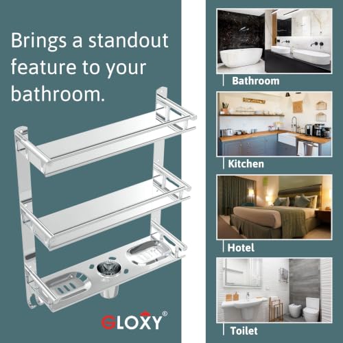 Image of GLOXY Premium 3 Layer Bathroom Shelves Rack - Wall Mount Chrome Finish Stainless Steel Bathroom Shelf with Soap Dish, Toothbrush Holder & Multipurpose Hooks - 4in1 Bathroom Fittings Accessories Set