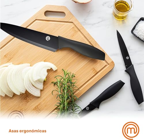 MasterChef Cuchillos Cocina, Set de Chef (Carne, Sierra por Pan, Verduras y Pescados), Acero Inoxidable, Asas Suaves al Tacto, Multifuncional, 5 Piezas, Negro - imagen 3