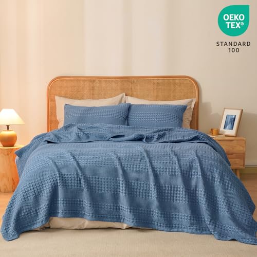 Image of PHF 100% Cotton Waffle Blanket King Size for Bed, Lightweight Breathable and Soft for Summer, Luxury Aesthetic Waffle Weave Blanket for Home Decor & Gifts for Women, 108 inchx90 inch, Denim Blue