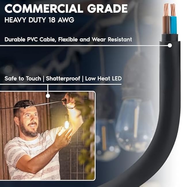 LUXRITE 48FT LED Outdoor String Lights Commercial Grade Waterproof, 24 Edison S14 Shatterproof Bulbs, Hanging Lights for Patio, IP65, Decorative Outside Lights for Backyard Garden Cafe Balcony