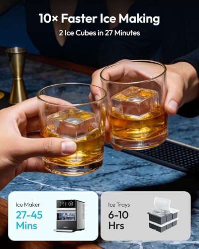Image of EUHOMY 2'' Clear Ice Cube Maker Countertop with APP, 2 Square Ice Ready in 27 Mins for Whiskey, Slow-Melting & Self-Cleaning, 110 Pcs /Day, 24H Timer, Clear Ice Maker with Ice Tong for Home /Bar /Party