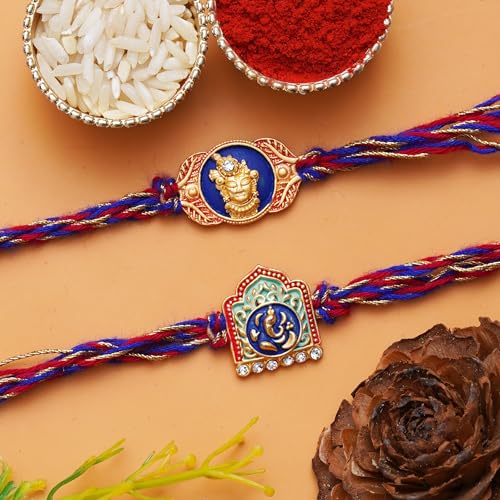 Image of eCraftIndia Unisex Adult Set Of 2 Peacock Feather And Floral Designer Rakhis For Brothers With Roli Chawal