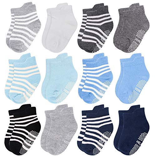 Image of CUBACO Unisex Baby Anti Slip Socks, 12 Pairs Baby Socks with Non Skid Soles Cotton Grip Socks for 6-12 Months Toddler Infants Kids