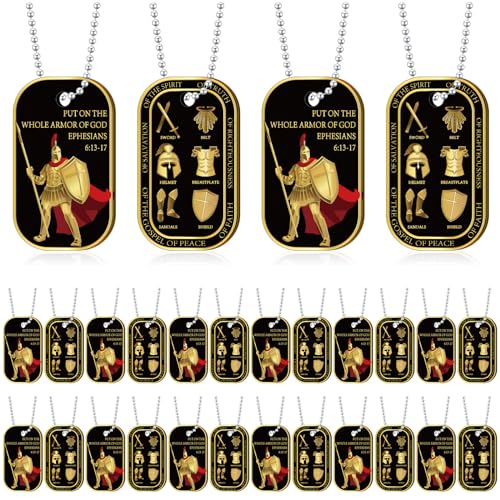 24 Pcs Put on The Whole Armor Dog Tag Necklaces Military Knight Pendant Necklace for Men Women Dog Tag Necklace Christian God Souvenir Favor Gift