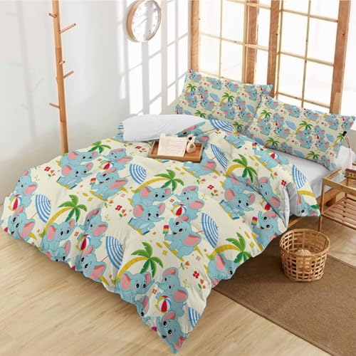 Chees D Zone Duvet Cover Sets Cartoon Baby Elephant Flower on Beige,3 Pieces Bedding Set Ultra Soft Microfiber Quilt Covers and Pillowcase for Bedroom, Summer Cute Animal Bed Set All Seasons Use