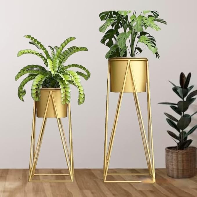 A.H MULTINATIONAL Planters for Indoor - Outdoor Plants & Modern Metal Floor Tall Plant Stand for Garden, Balcony & Living Room & Mid Century Plant Stands with Pots Set (GOLD