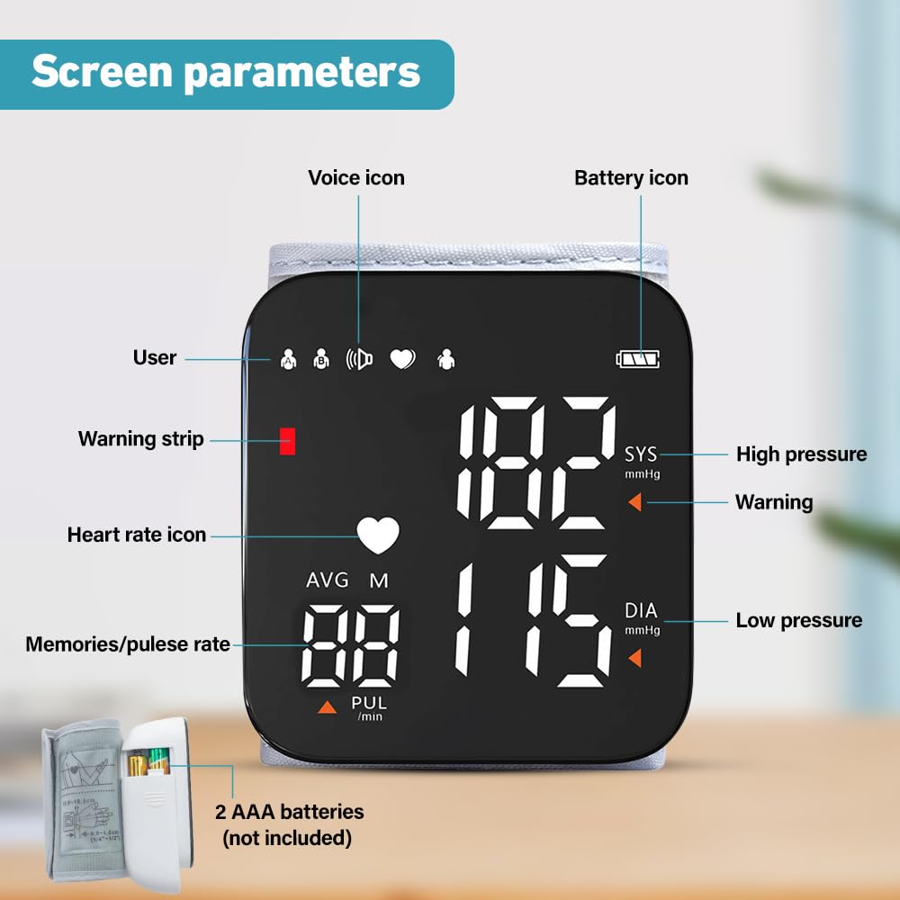 Tensiometro de Muñeca con Pantalla LCD, Tensiometro Muñeca con Aviso de Voz, Monitorización de Frecuencia Cardíaca, Carga USB Portátil, Brazalete Ajustable, Para el Hogar o de Viaje