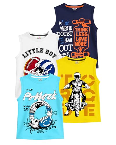 Image of Kuchipoo Boys Sleeveless Cotton Tshirts | Printed Round Neck Kids Tshirts for Summer Wear | Pack of 4