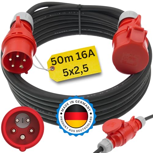 Starkstromkabel 16A 50m mit Phasenwender H07RN-F 5x2,5 Starkstrom Verlängerungskabel CEE Verlängerung 16 Ampere Kabel 5x2,5mm2 Baustelle Werkstatt Industrie Geeignet Outdoor IP44