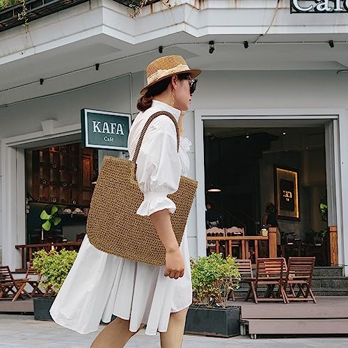 Image of Women Large Straw Beach Bag Handmade Woven Shoulder Bags Hobo Tote Handbag Purse for Summer(B-Brown)