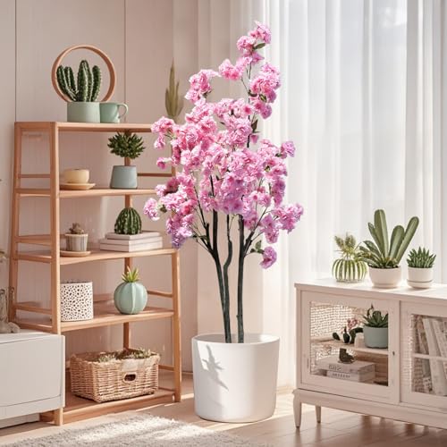 Garveehome Pink Cherry Blossom Tree, 5ft Tall Decorative Artificial Cherry Blossom Tree in Plastic Pot for Indoor Outdoor Home Office Party Wedding Housewarming Gift (Double Pole)