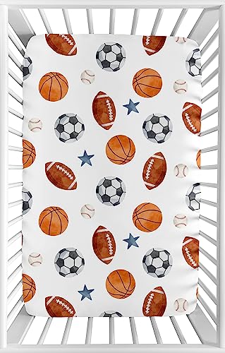 Image of Sweet Jojo Designs Baby Fitted Mini Crib Sheet (Vintage Sports Theme) for Boys, Newborn /Infant Nursery, Play Yards, Portable Cribs (Sport Themed, Soccer Balls, Football, Baseball, Basketball, Star)
