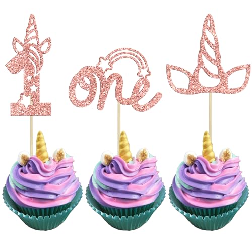 Gyufise 24pcs One Cupcake Toppers Glitter Unicn 1st Birthday Cupcake Picks Rainbow Cake Decorations for Baby Shower Boys Girls 1st Birthday Party Cake Decorations Supplies Rose Gold