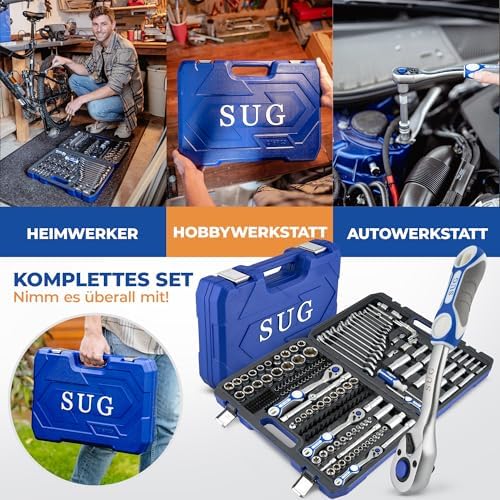 Bild 3 - SUG - Werkzeugkoffer gefüllt 216-tlg - Profi Steckschlüsselsatz 1/2, 1/4, 3/8 komplett bestückt - Werkzeugkasten/Ratschenkasten für Haushalt & Werkstatt - Steckschlüssel-Set Nusskasten kurz und lang