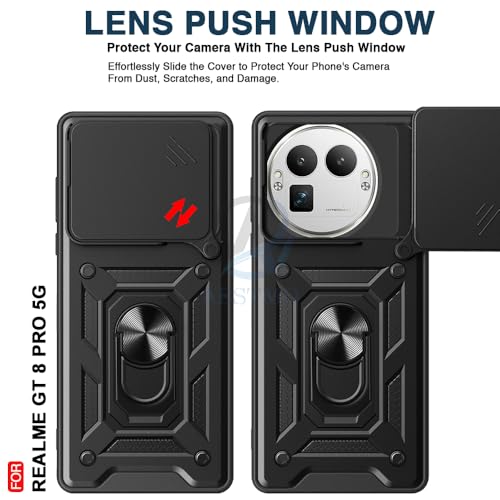 Image of AESTMO Tough Armor Realme GT 8 Pro 5G Bumper Back Case Cover | Ring Holder & Sliding Camera Shield Cover | 360 Degree Protection Back Case Cover for Realme GT 8 Pro 5G (Black)