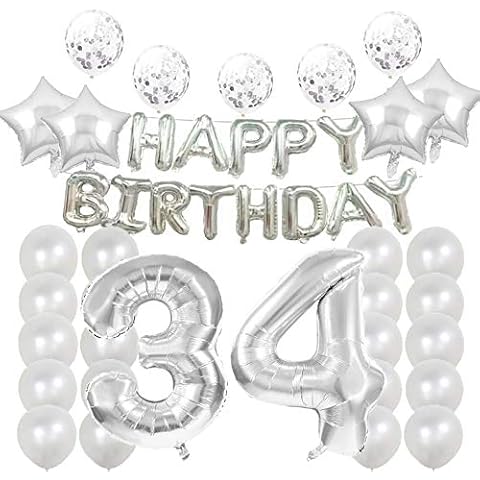 34th Birthday Decorations Party Supplies,34th Birthday Balloons Silver,Number 34 Mylar Balloon,Latex Balloon Decoration,Great Sweet 34th Birthday Gifts for Girls,Photo Props Cover