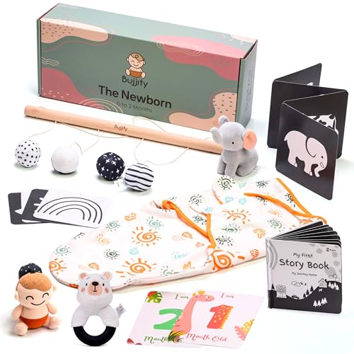 Image of Bujjify Newborn Montessori Toy Set 0-2 Month Infant Toys Black and White Book, Stroller Rattle, Organic Swaddle, High Contrast Flash Cards Elephant Animal Tummy Time