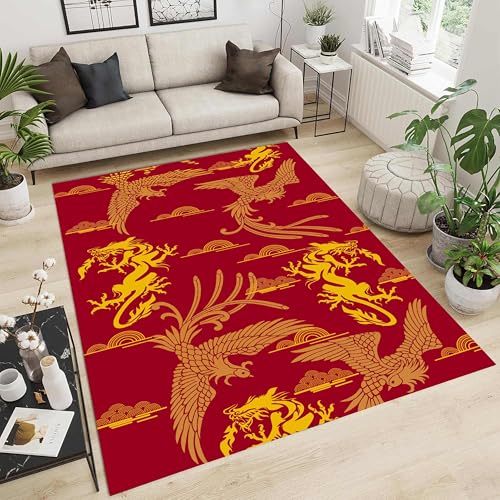 LHOMKCV Dragon Phoenix Oriental Area Rug Washable, 180x260cm, Chinese Elements Aesthetics Design Large Living Room Rug Non Slip Red Indoor Carpet Soft Fade Resistant Modern Carpets for Home Decor