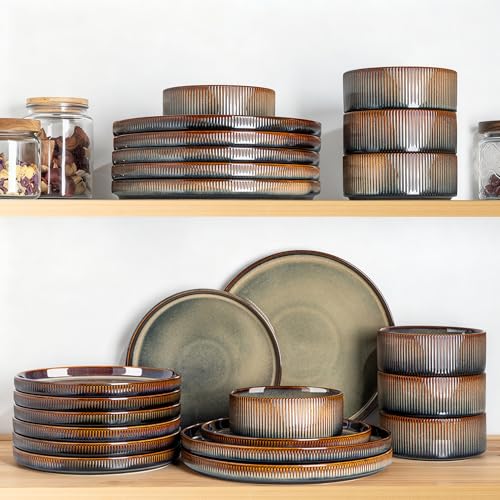 Image of TheTerra Ceramic Dinnerware Sets for 8, 24 Pieces Porcelain Lightweight Plates and Bowls Sets, Scratch Resistant Dish Set, Oven & Microwave & Dishwasher Safe, Coca Mocha