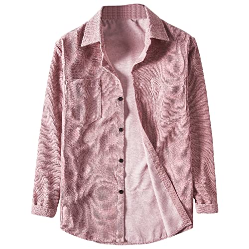 Maiyifu-GJ Mens Long Sleeve Corduroy Shirts Solid Color Button Down Ribbed Fall Tops Lightweight Casual Warm Shacket Jacket (Pink,X-Large)
