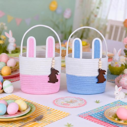 Image of Easter Basket Empty 2 PCS Bunny Woven Rope Easter Baskets for Kids Easter Hunt Baskets with Handle Bags Easter Gifts for Kids Toddlers Girls Boys Teens Set of 2 Blue and Pink