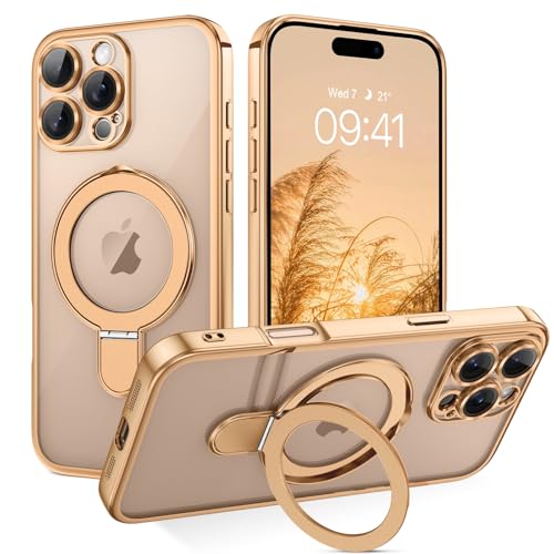 GUAGUA for iPhone 16 Pro Max Case with Stand Magnetic Clear Cases Plating Edge Invisible Ring Holder Slim Shockproof Protective Kickstand Phone Case for iPhone 16 Pro Max 6.9 Desert Titanium Gold