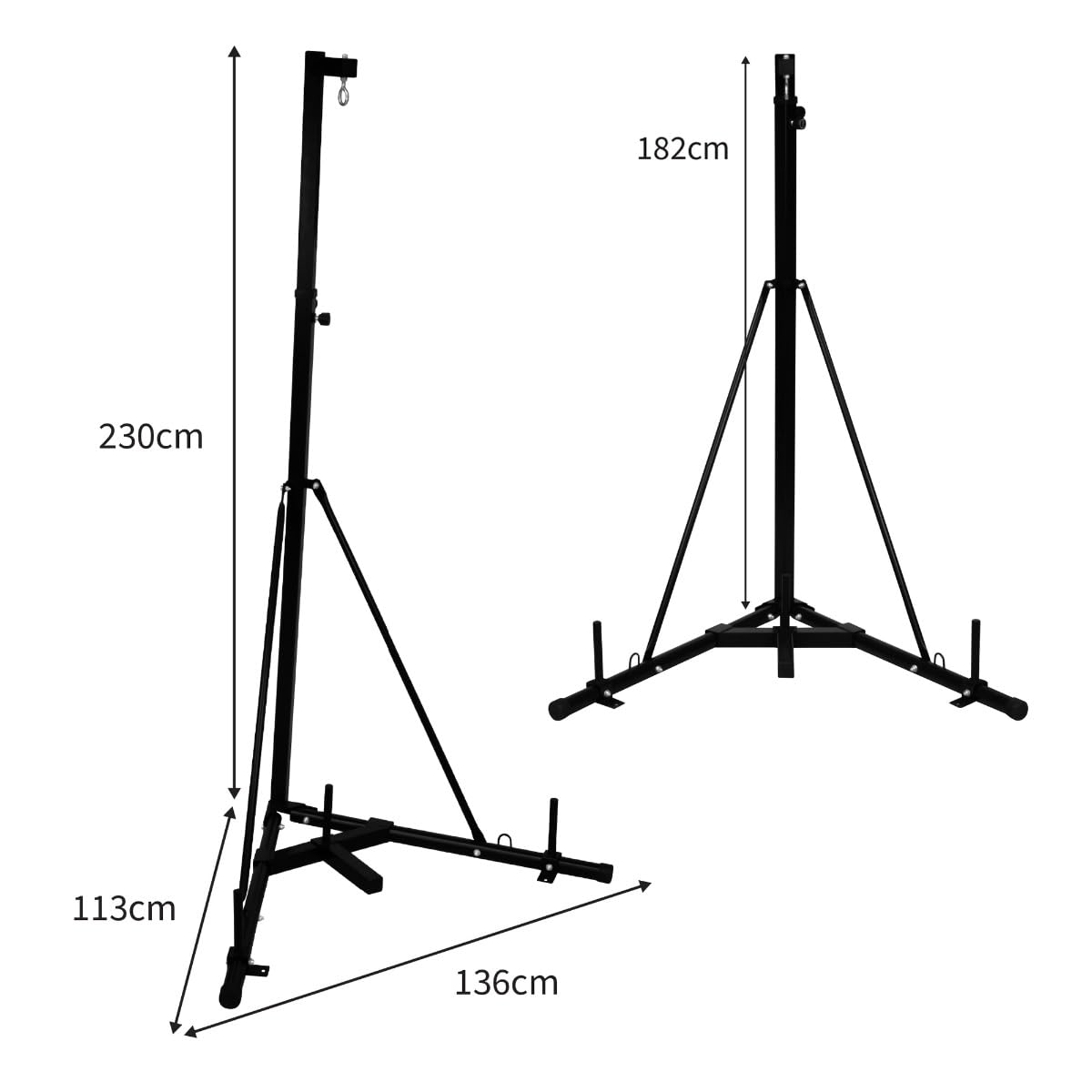 Składany stojak na worek bokserski, 68 kg, 68 kg, wolnostojąca, wisząca rama, regulowana wysokość 182 cm - 230 cm, boks, sprzęt do sztuk walki, stabilna trójkątna podstawa, wytrzymały stalowy uchwyt