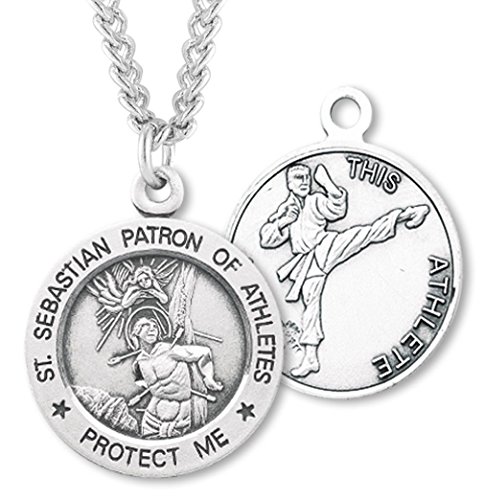 Sterling Silver Round Saint Sebastian Martial Arts Necklace With 24" Sterling Silver Chain & Clasp #TOP15
