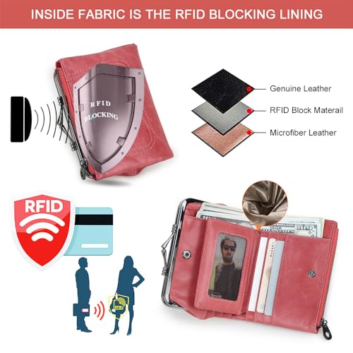 CONTACTS Full Grain Leather Kiss Lock Wallet for Women Kiss Clasp Coin Purse Vintage Small Bifold Wallet with Rfid Blocking (Rose Pink)4