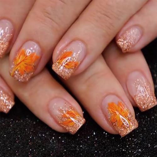 24PCs Fall Press on Short Square Fake Nails with Gold Glitter French Tip Design Full Cover Artificial Thanksgiving Maple Leaf False Autumn Stick on Nails for Women Acrylic Manicure