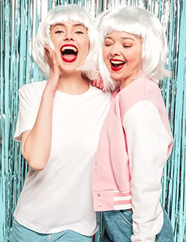 Image of LIULIUBTY Short Bob Hair Wigs Straight with Flat Bangs Synthetic Colorful Cosplay Daily Party Neon Wig for Women + Free Wig Cap 12 inch Natural As Real 10 inch Heat Resistant Synthetic Hair,Blond