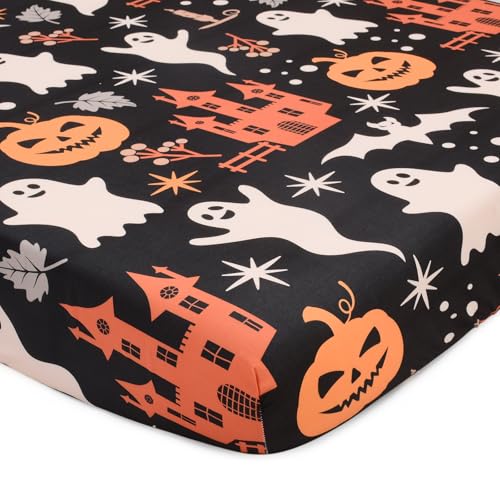 Image of JISEN Halloween Crib Sheet Ghosts Fitted Crib Sheet for Boys Girls Crib Mattress Cover Baby Sheet for Standard Crib and Toddler Mattress Soft Breathable Baby Bed Sheet for Neutral 52x28 Inch Castles