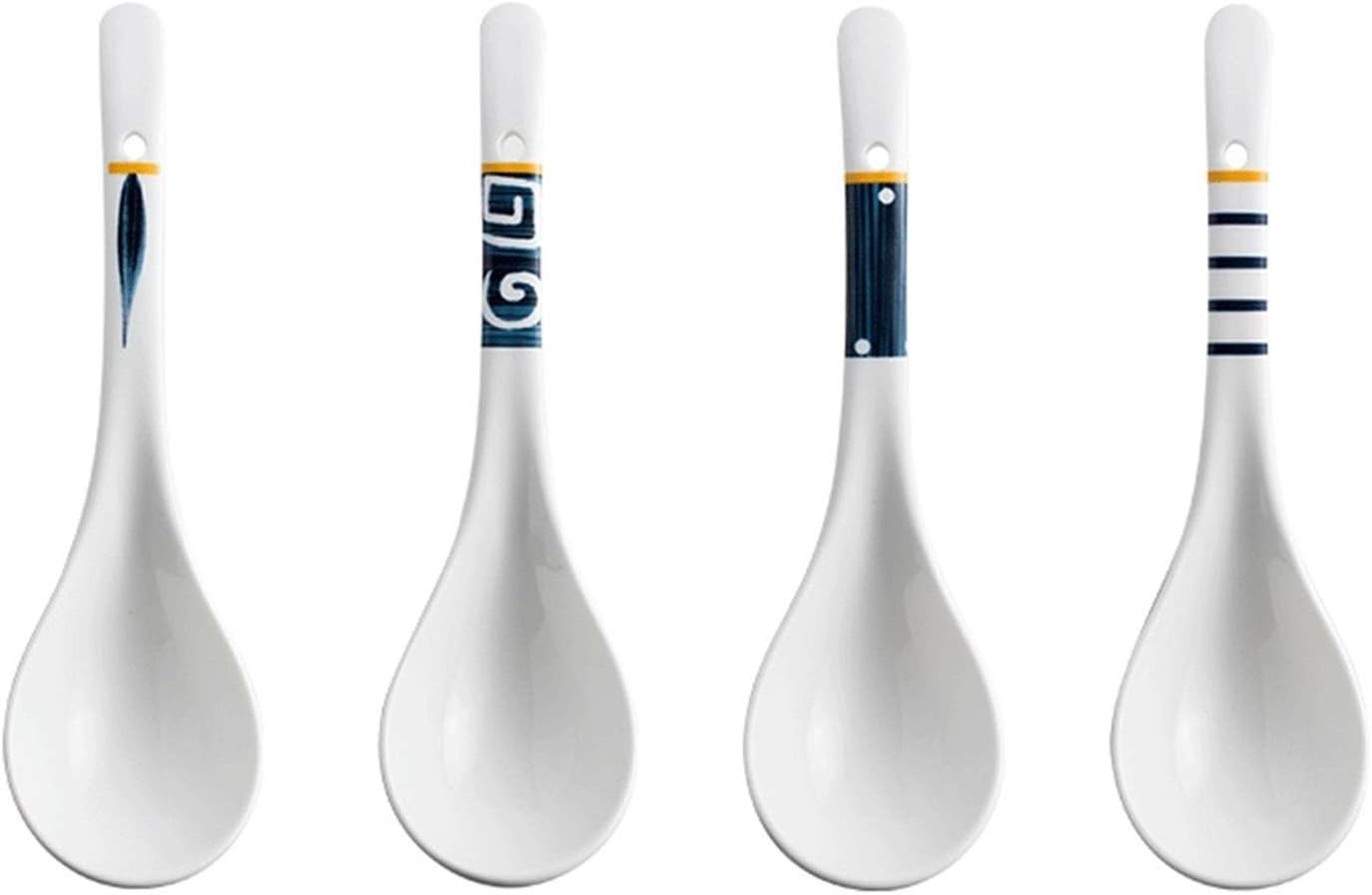 Scoop Ceramic Long Handle Hook Spoon Kitchen Cooking Tool Spoon Provides One Set and Four Sets of Options. Blue Pattern On White Soup Spoon (Color : E)