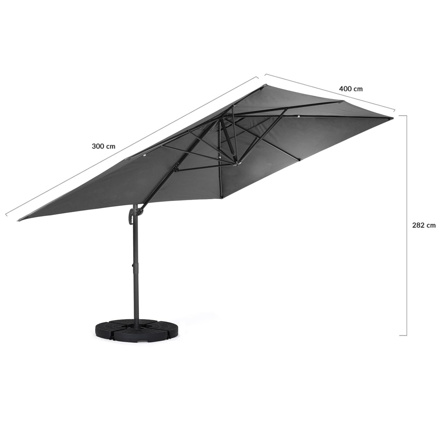 IDMarket - Parasol déporté inclinable Rotatif 360 Calvi Gris 3x4 M avec 4 Dalles et Housse