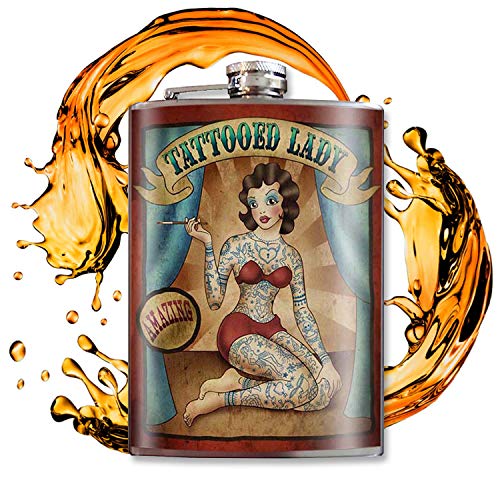 Tattooed Lady 8 Oz Stainless Steel Hip Flask For Liquor - Comes In A Gift Box - Leakproof Design - Easy To Clean - 3.75” X 5.75” - By Trixie & Milo #TOP12