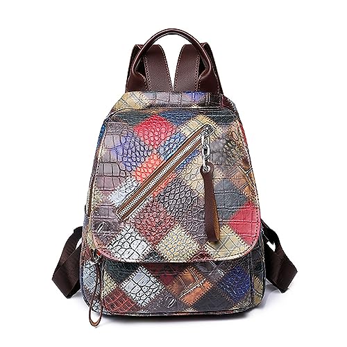 Craoopii Fashion Women's Leather Backpack, Multi Color Patterned Diamond Checkered Bag, PU Leather Smooth Zipper Closure Double Shoulder Bag for Office,Travelling,Shopping