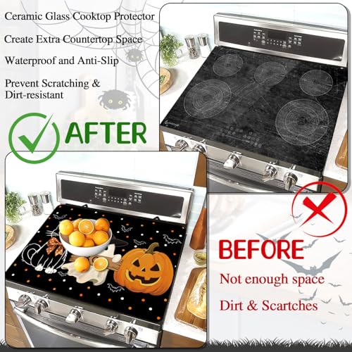 Image of Halloween Stove Top Cover for Electric Stove 28 inchx 20 inch, Boo Heat Resistant Glass Top Stove Cover Protector, Glass Cooktop Covers, Kitchen Flat Electric Stove Top Covers