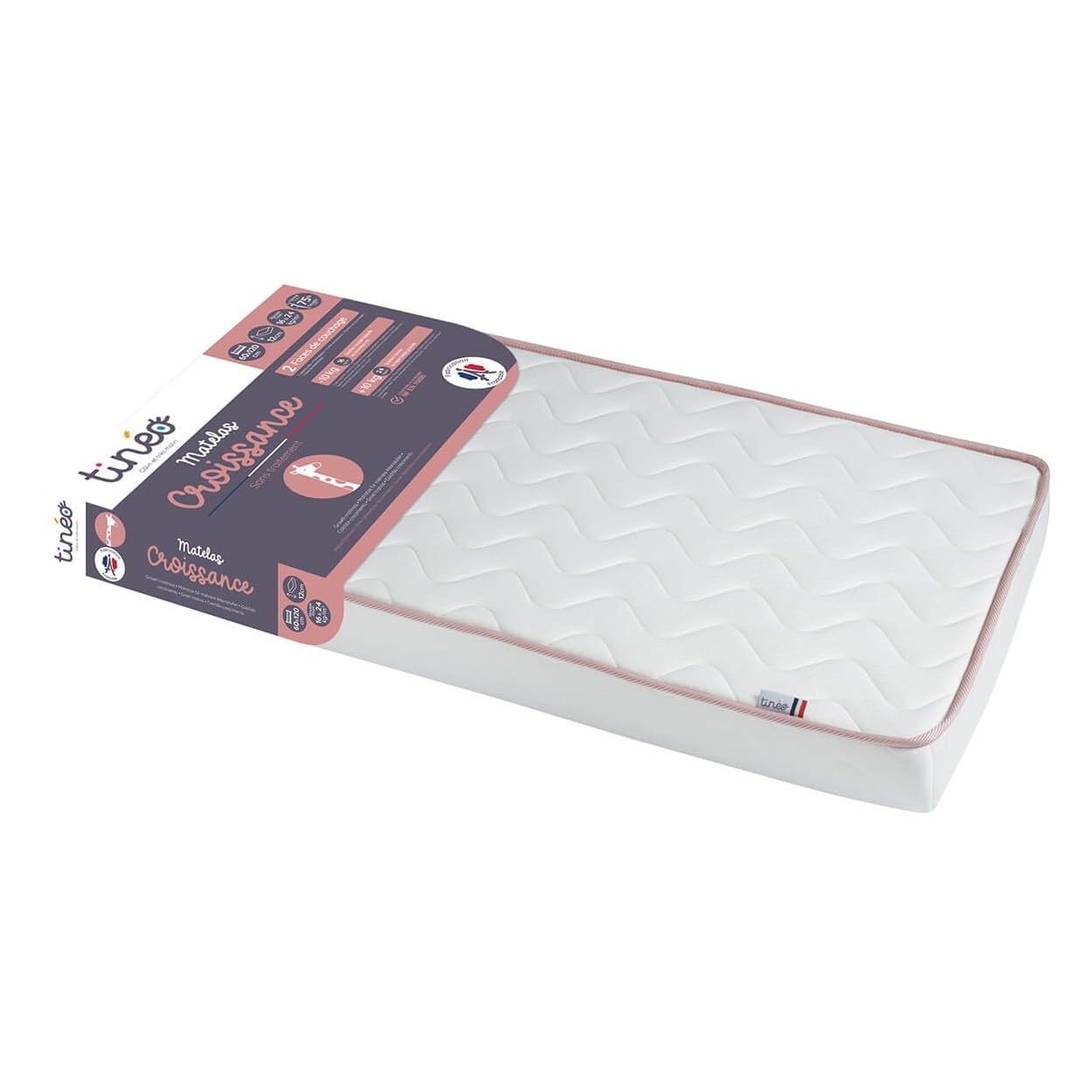 Tineo - Materac dziecięcy 60x120x12cm - 1 twarz dziecka + 10kg - 1 twarz dziecka - 10kg - Wyprodukowano we Francji