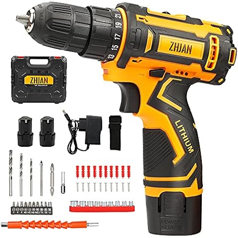 ZHJAN 12V Cordless Combi Drills Electric,with Two 1.5Ah Lithium Batteries,1 Hour Fast Charger,25Nm,with 36 Kinds of Accessories Such as Strong Drill bits,Used for screwing Screws, Flat Drills, etc Cover