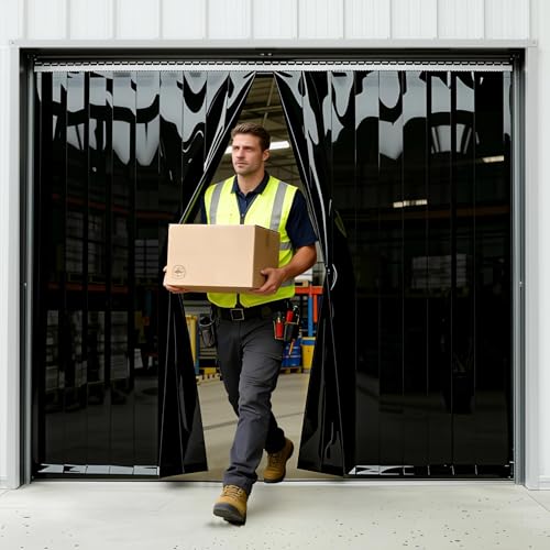 Image of 6x7' Black PVC Curtains Strips Kit - 72 inch Width x 84.2 inch Height Opaque PVC Curtains, Heavy Duty, Waterproof, Insulation for Warehouse, Freezer, Garage AP1173