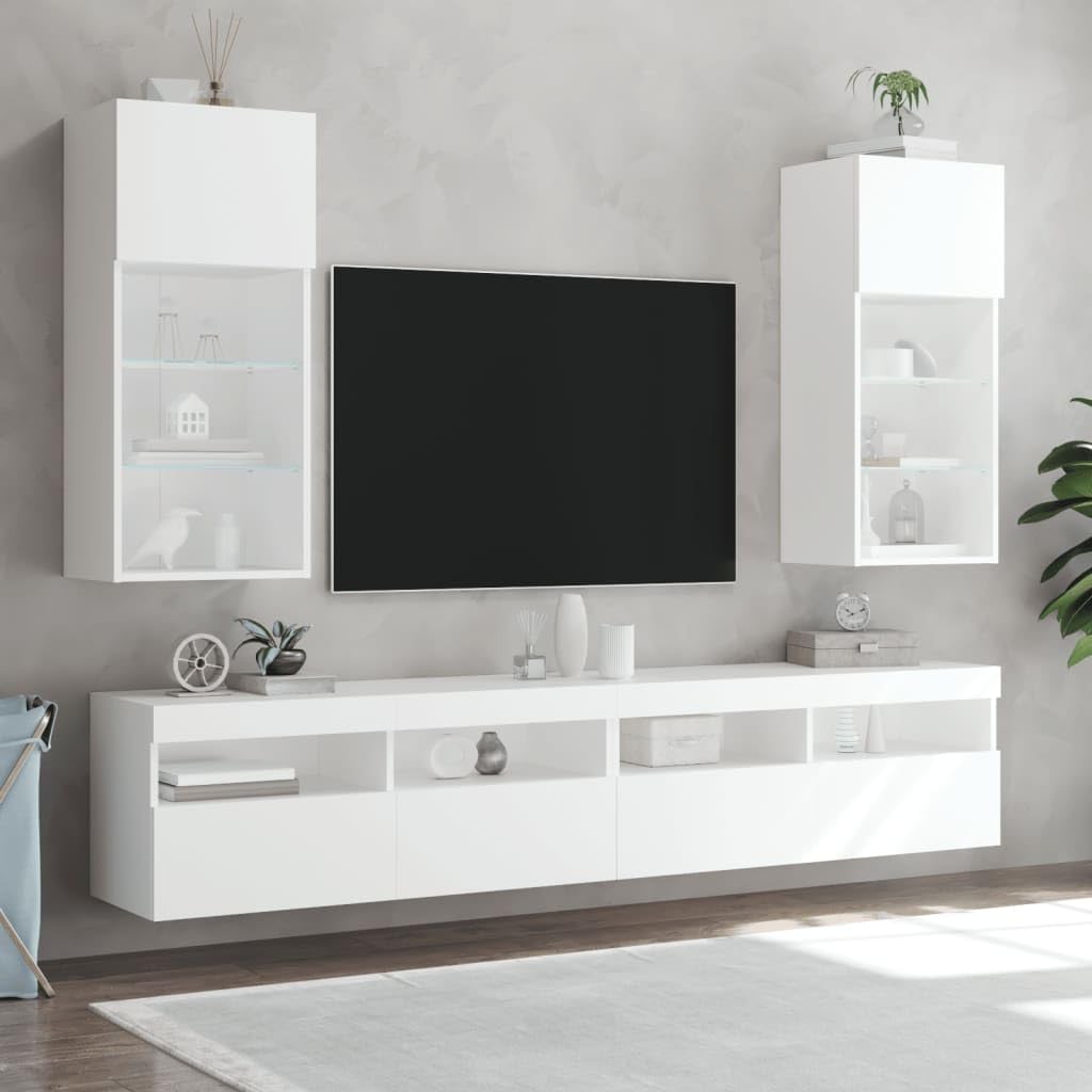 Mueble para televisión blanco con LED RGB para TV, 40,5 x 30 x 90 cm, material de madera, cristal, diseño moderno, montaje en pared, posible para salón, dormitorio, oficina