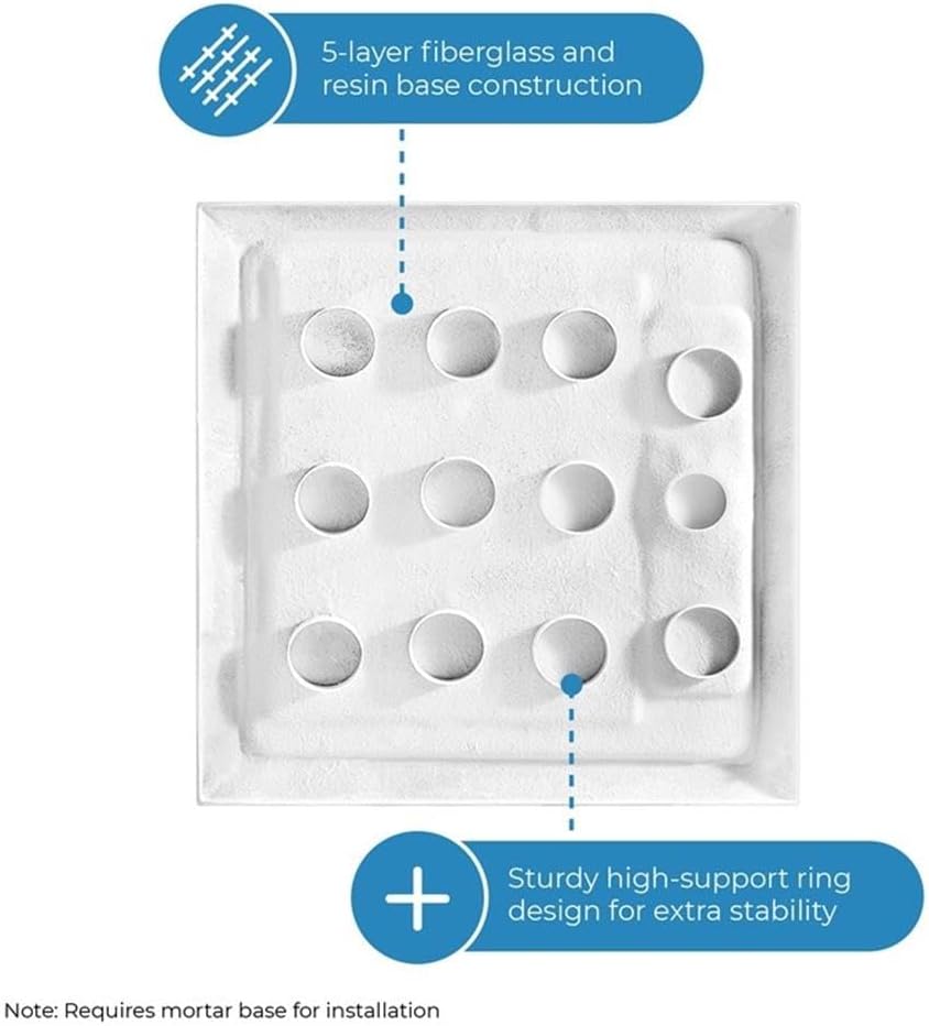 Pemberly Row Reversible Shower Base, 36"W x 36"D, Fiberglass Resin, Hidden Side Drain, Textured Surface, Single Threshold, Square Bathroom Floor Pan for Corner or Shower Setup