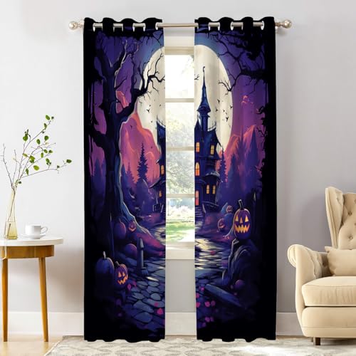 Shrahala Halloween Haunted House Blackout Window Curtains, Moon with Trees