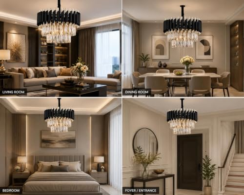 Image of TRIXY Chandeliers Lights for Ceiling Black Gold Square Crystal Hanging Pendant Light Lamp | 2 Tier, K9 Crystal 300mm Stylish Jhoomar Pendant Lamp for Bedroom, Living Room, Balcony Lighting Decor