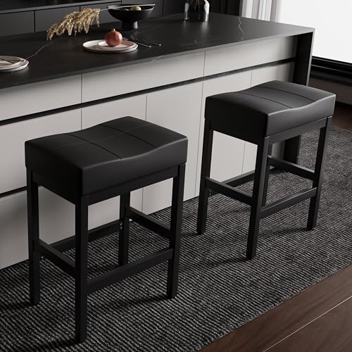 Butacos de bar negros BOSHIRO, juego de 2 sillas altas con superficie curva, asientos acolchados gruesos y reposapiés, sillas para desayuno en sala, cocina o bar miniatura 2