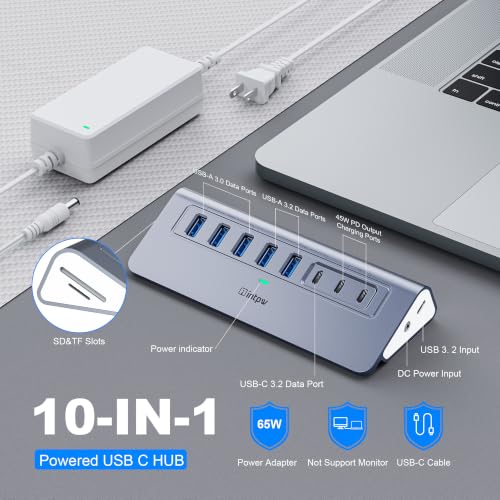 Image of Powered USB Hub 10Gbps, Intpw YH6AC Plus 10 Port USB 3.2 Hub(USB A /USB C 3.2+3 USB-A 3.0+2 PD 45W Fast Charging Port+SD /TF Card Reader), 65W Power Adapter,Aluminum USB HUB for PC,Laptop,iPhone 17 /16