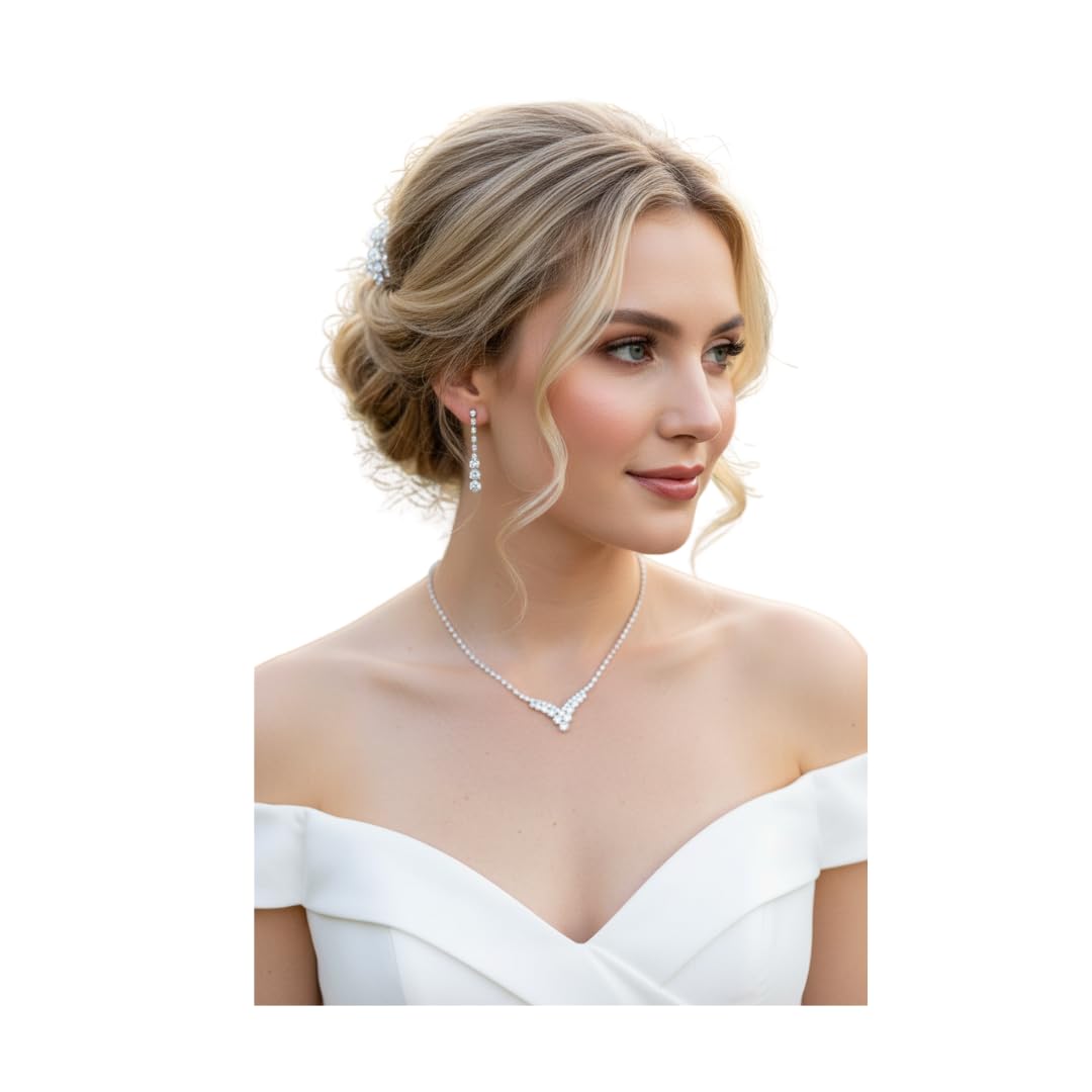 3er Set V Schmuck Damen – Silber Strass Collier Halskette mit Ohrringen & Armband – Verstellbare Kette 38–48 cm, elegantes Schmuckset für Hochzeit, Abiball, Kommunion & festliche Anlässe