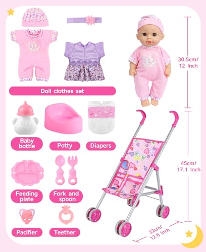 GAGAKU Puppenwagen Set mit 30cm Puppe & Zubehör, Spielzeug-Buggy faltbar für Mädchen ab 1 2 3 4 5 6 Jahre, Baby Puppenwagen für Kinder, mit 30cm Puppe & Accessoires